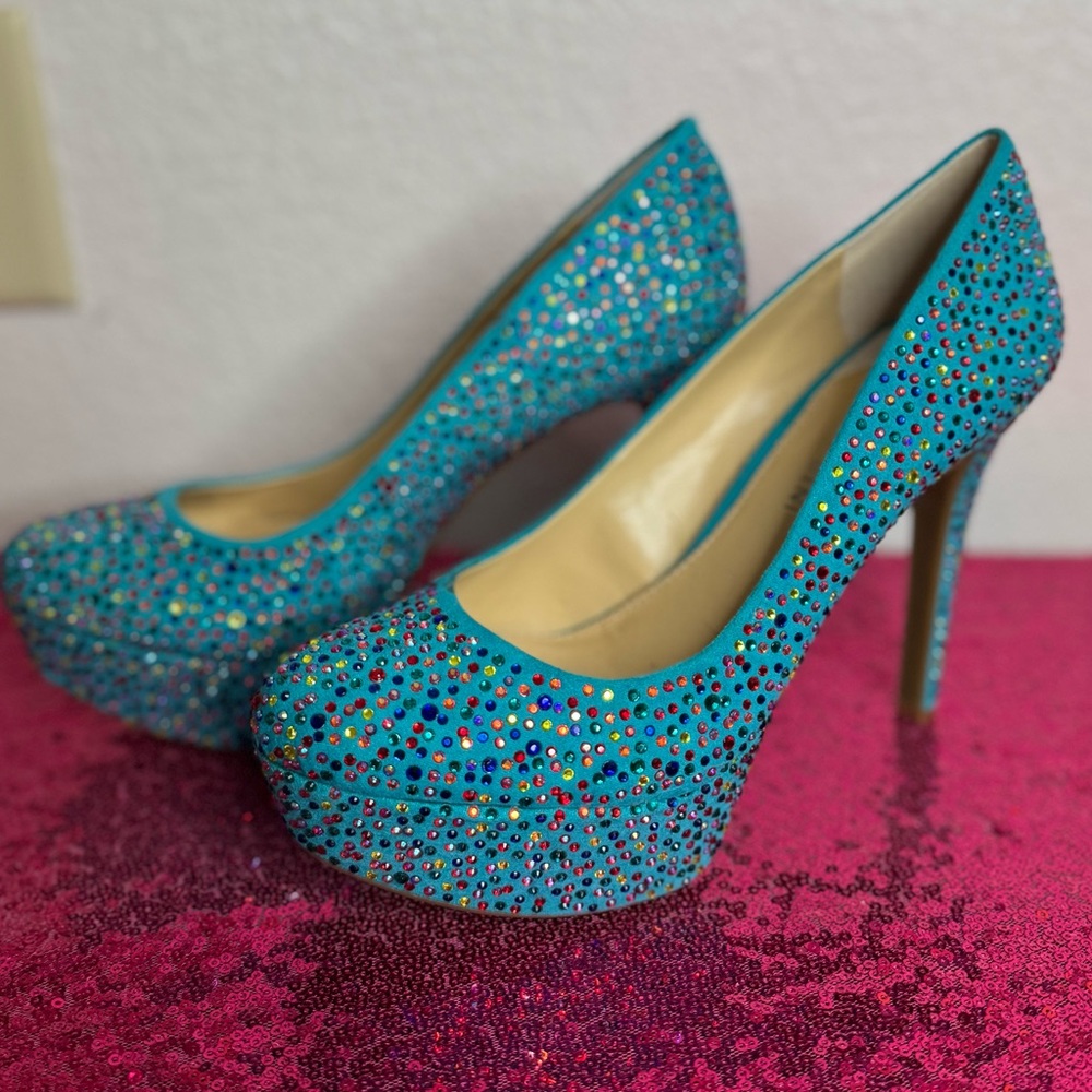GIANNI BINI 💎Vibrant Blue Rhinestone Stud Platform Stilleto Party Heels (7.5) - Picture 3 of 11